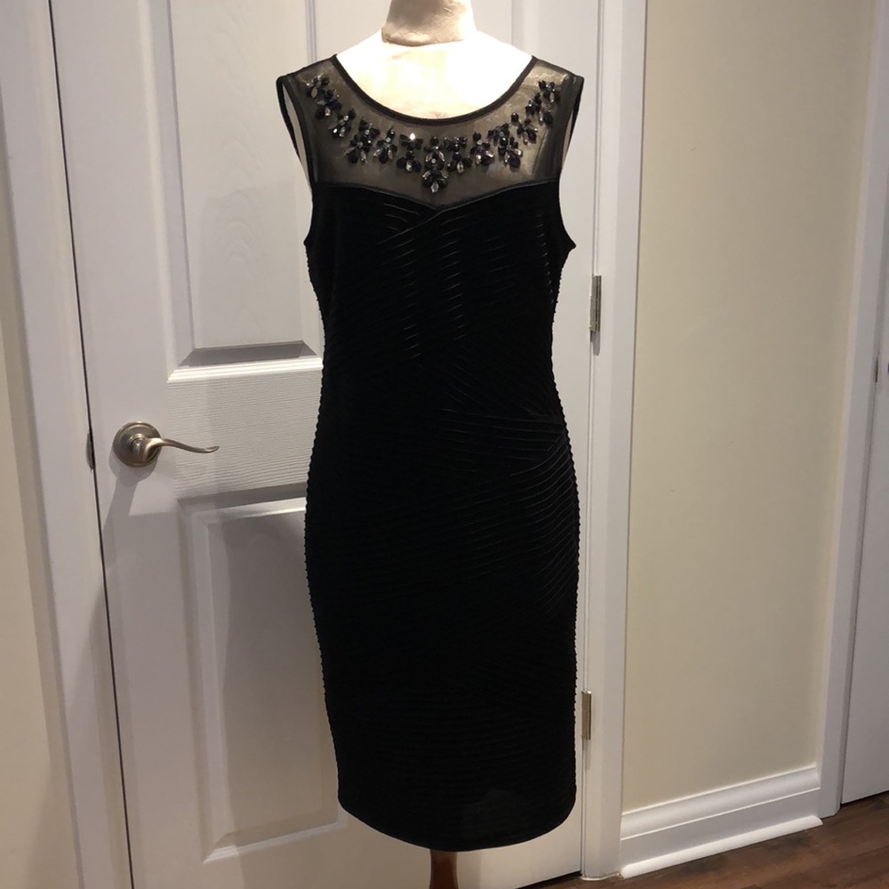 Laura | Stretchy Embellished Mesh Neckline Dress with Ruching